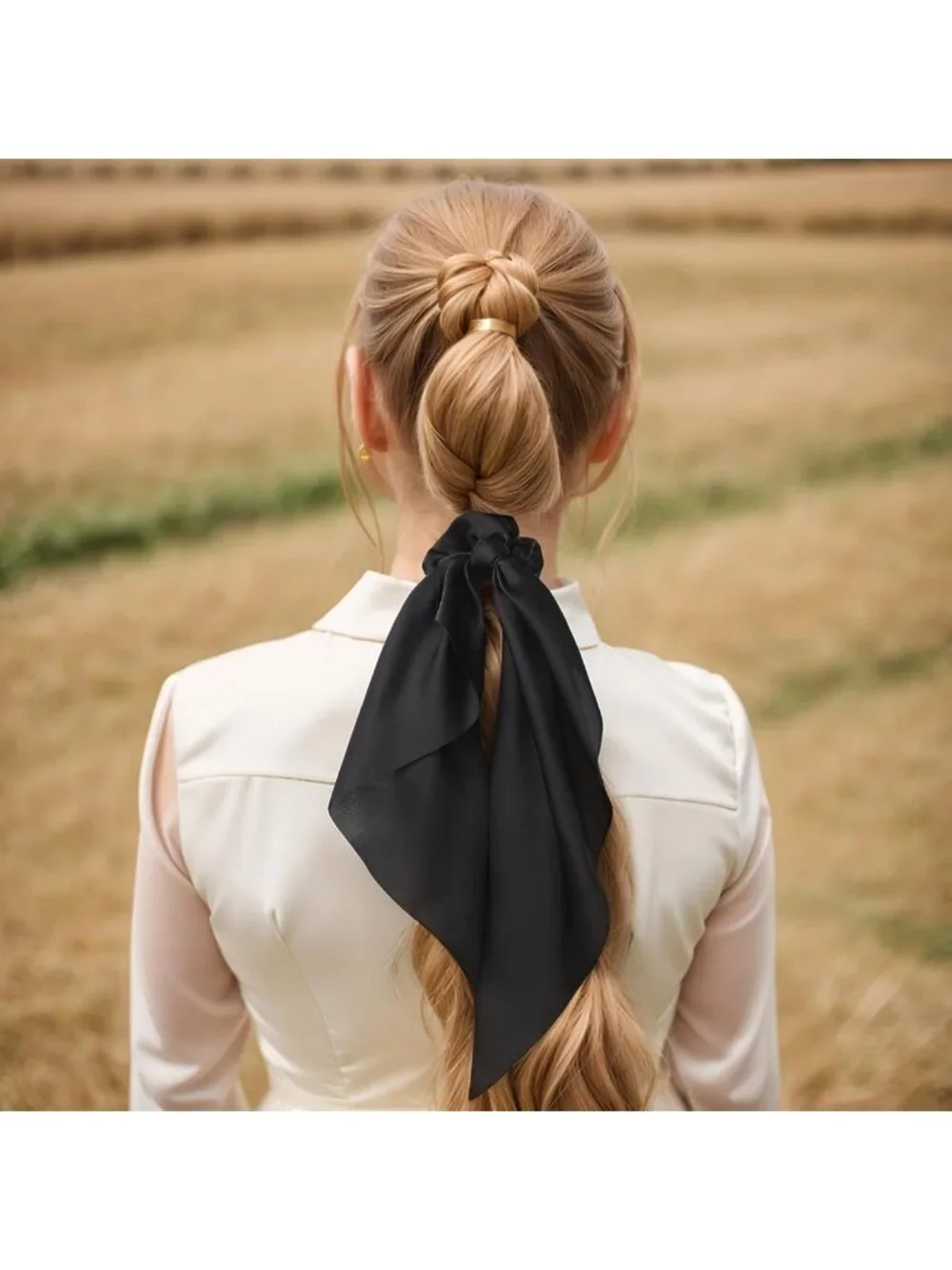 Stylish Black Hair Ribbons - 10 Pack Soft Bow Scrunchies & Elastic Ponytail